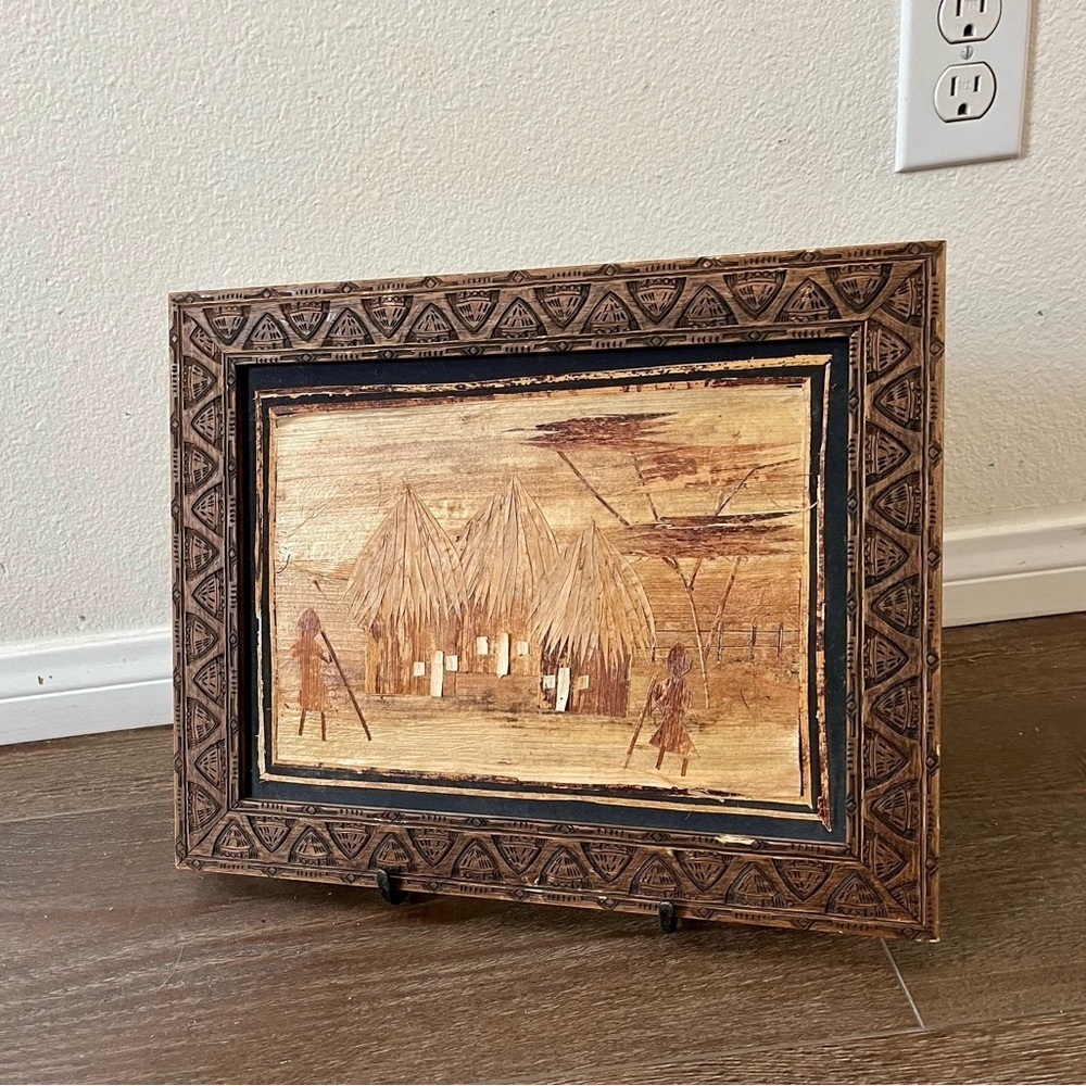 Vintage Folk Art African Village Straw Banana Leaf 12/15 Inches
